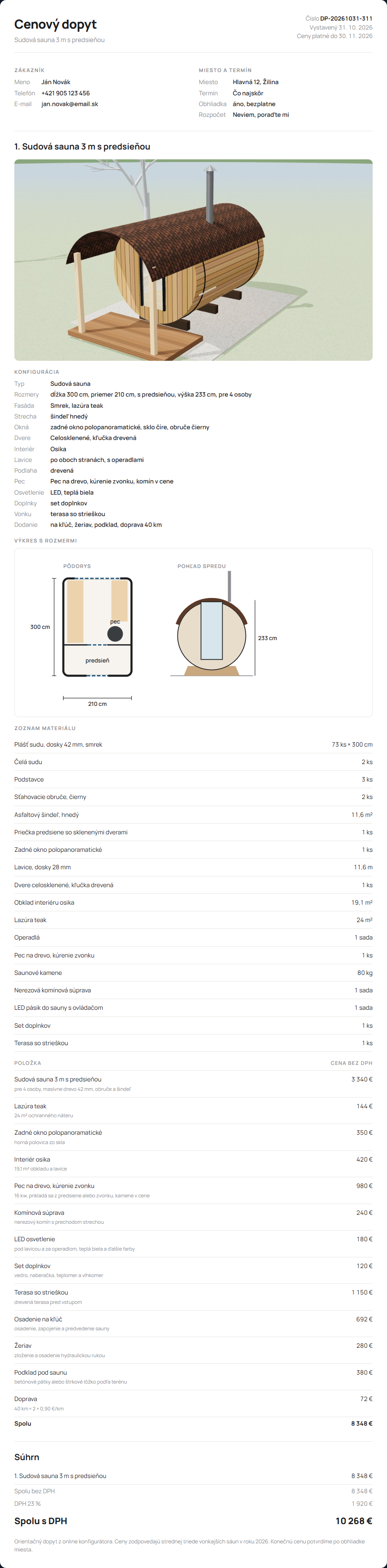 Skutočný cenový dopyt z konfigurátora: sauna Panoráma 280 × 240 cm s fasádou z thermo dreva, dymovým sklom, kamennou vežou, LED a terasou, s 3D náhľadom, pôdorysom a cenou s DPH